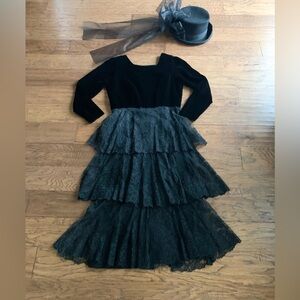 Vintage Black Lace and Velour Midi Dress‎